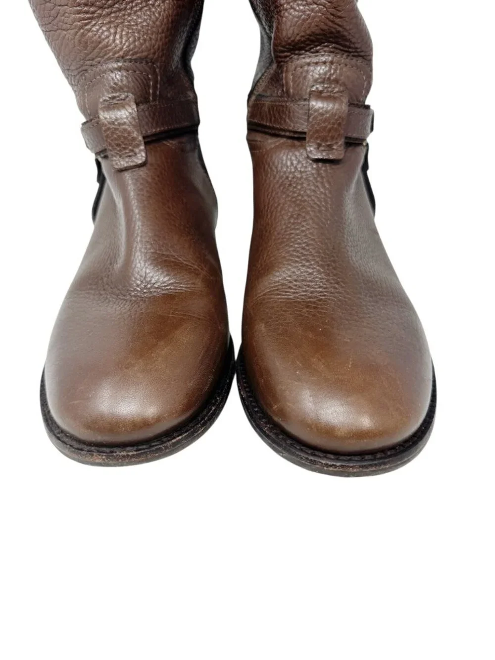Tory Burch Logo Harness Riding Boots Brown Pebbled Leather Women's 10.5